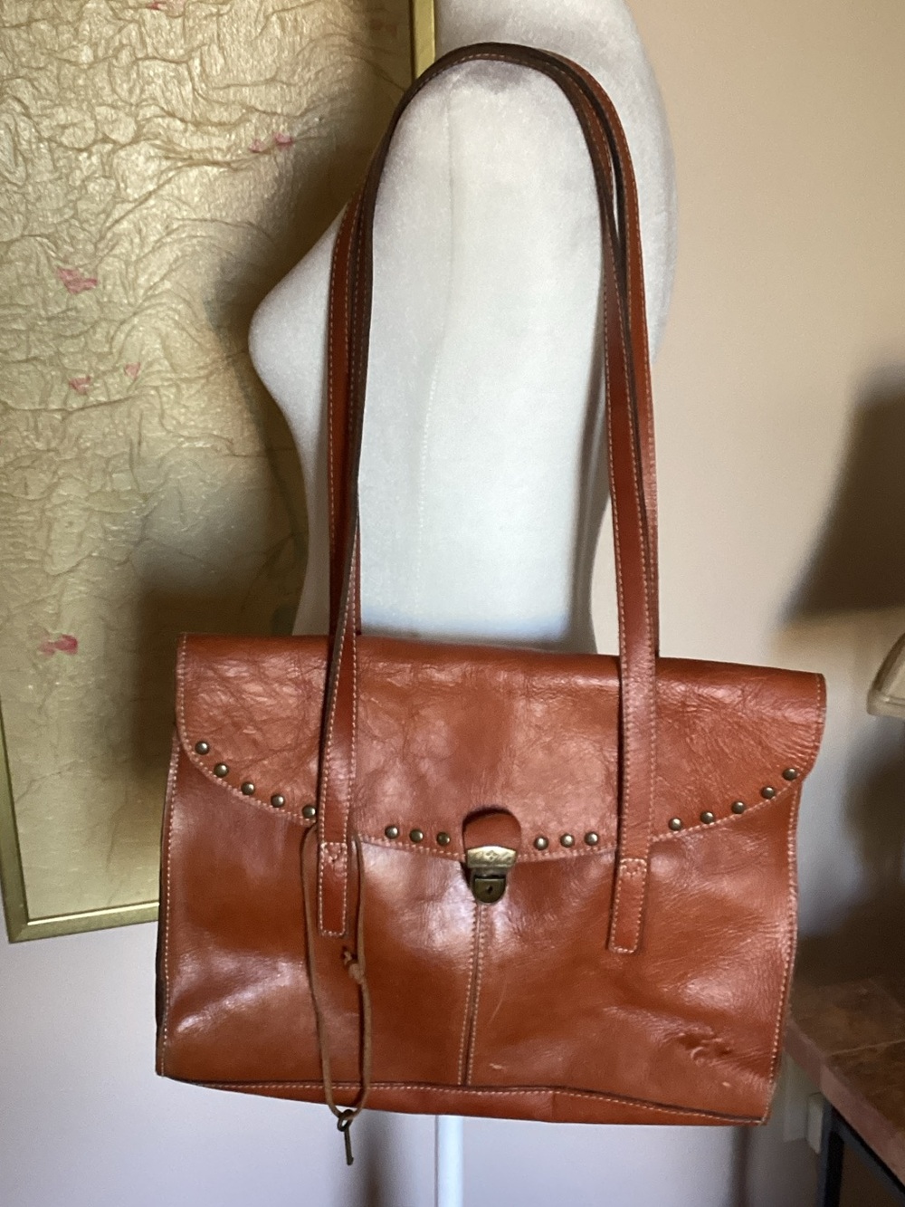 Patricia Nash Cognac Brown Leather Studded Shoulder Bag